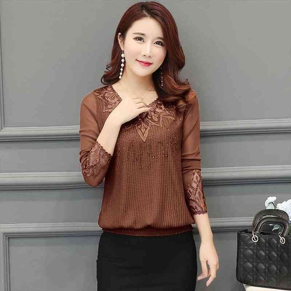 

lace blouse women shirt spring long sleeved patchwork knitted shirt elegant dimonds loose women plus size blusas mujer, White