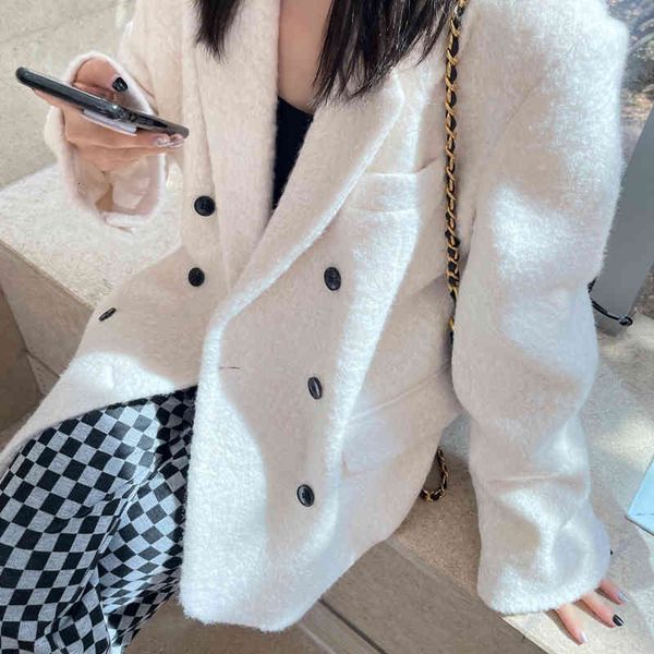 

women's wool & blends [eam] loose fit white double breasted big size woolen coat parkas long sleeve women fashion autumn winter 2022 1d, Black