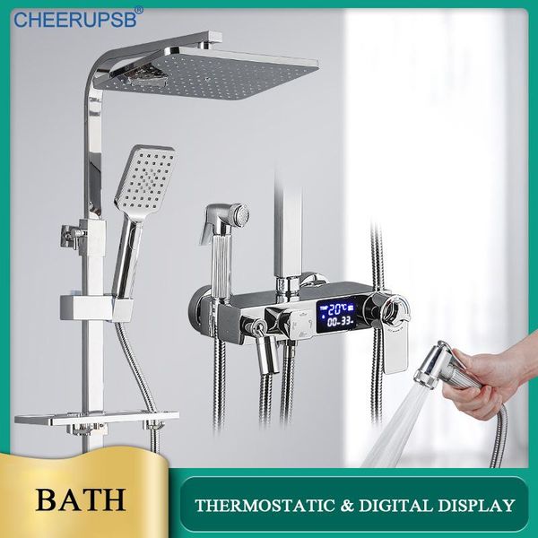 

smart thermostatic shower set bathroom wall mount rainfall system led light digital dispaly bath faucet bathtub tap kit sets