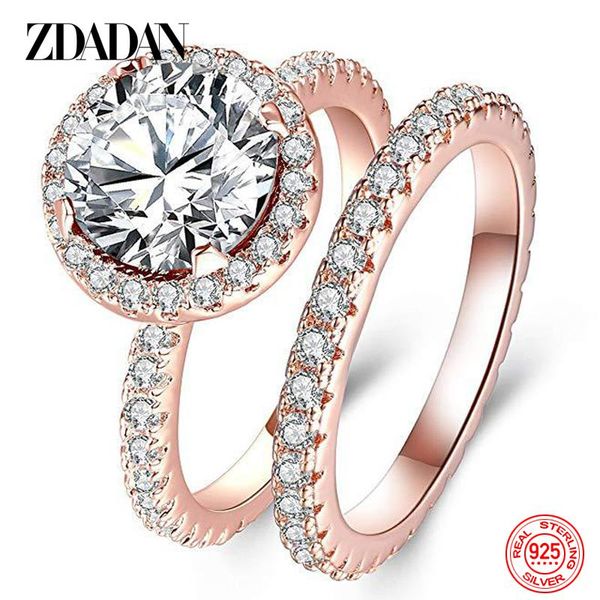 

sterling silver 2 pcs rose gold platinum zircon ring for women fashion wedding jewelry gift cluster rings, Golden;silver