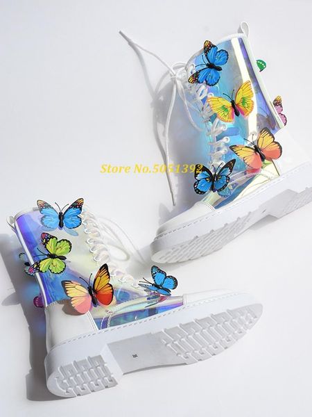 

boots butterfly decor clear pvc lace up short booties round toe flat with runway party shoes arrivals real picture, Black