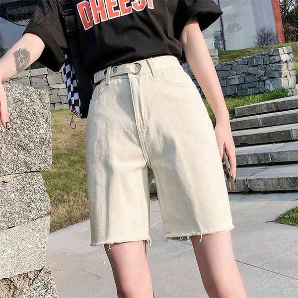 

fashion jean shorts women high waist plus size summer solid denim trouser streetwear sky blue black beige gray 10422 210421, White;black