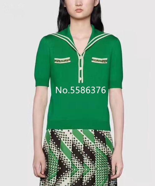 

dress 2021 runway spring turn-collar stripe wool women's pullovers sweater short metal decoration, White