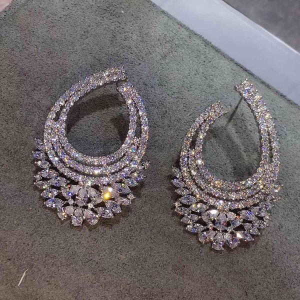 

50mm original luxury aaa cubic zirconia brand flower u shape big stud earrings for women gift drop e7317, Golden