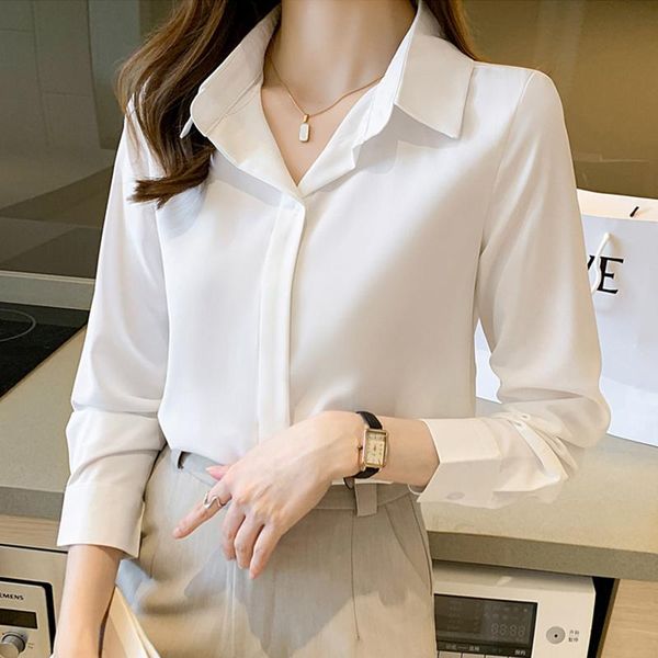 

women's blouses & shirts fashion chiffon blouse 2021 spring ladies office turn-down collar elegant casual feminina blusas, White