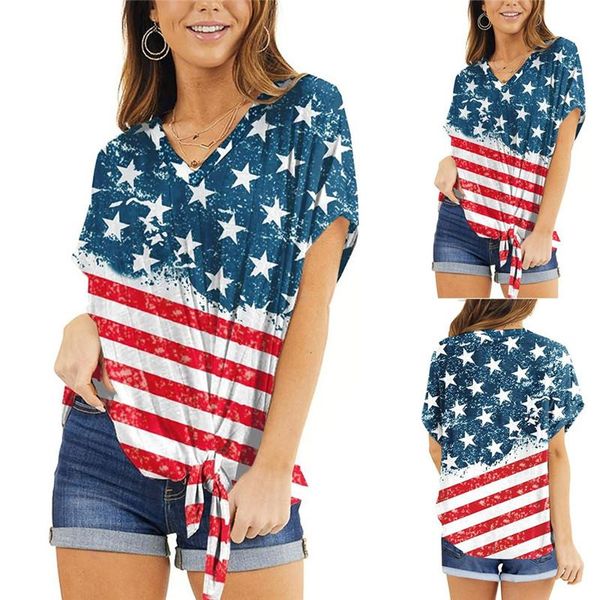 

womens t-shirts independence day patriotic stripes star american flag v neck knot short sleeve, White