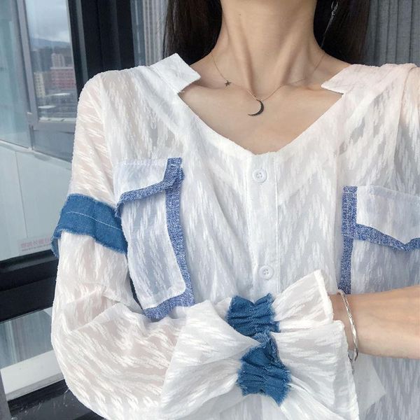 

women's blouses & shirts denim stitching perspective chiffon shirt women summer style korean fashion contrast color casual sun protecti, White