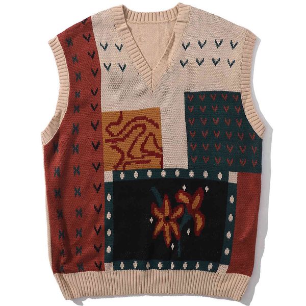 

men's sweaters lacible harajuku streetwear knitted or crocheted sleeveless shirts vintage flower vest standard v neck fashion loose reg, White;black