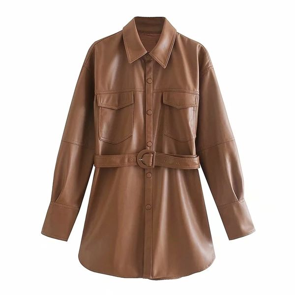 Braune Retro-Lederjacke für Damen mit Gürtel, mittellanges Hemd, PU-Jacke 210521