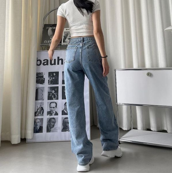 

women's jeans mom woman high waist baggy femme vaqueros mujer boyfriend vintage wide leg taille haute stacked straight denim irregular, Blue