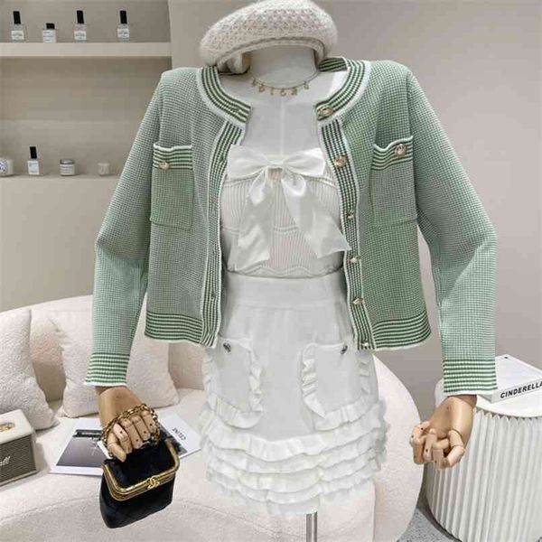 

korean sweet bowknot tube +bodycon ruffles pleated skirt suits with temperament plaid knitted cardigan coat sets women 210602, White