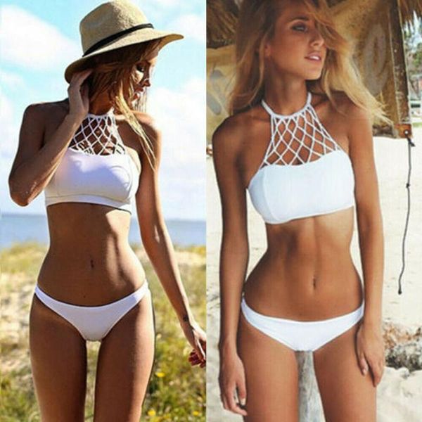

women halter swimwear bikini set push-up padded bra bathing suit solid white braided swimsuit one-piece suits