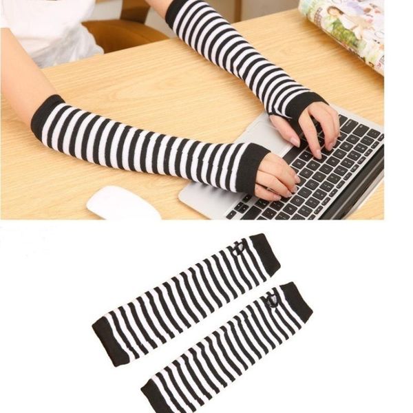 

2pcs fashion women lady striped fingerless gloves cover mens knitted long elbow black white elasticity sports sleeve & knee pads, Black;gray