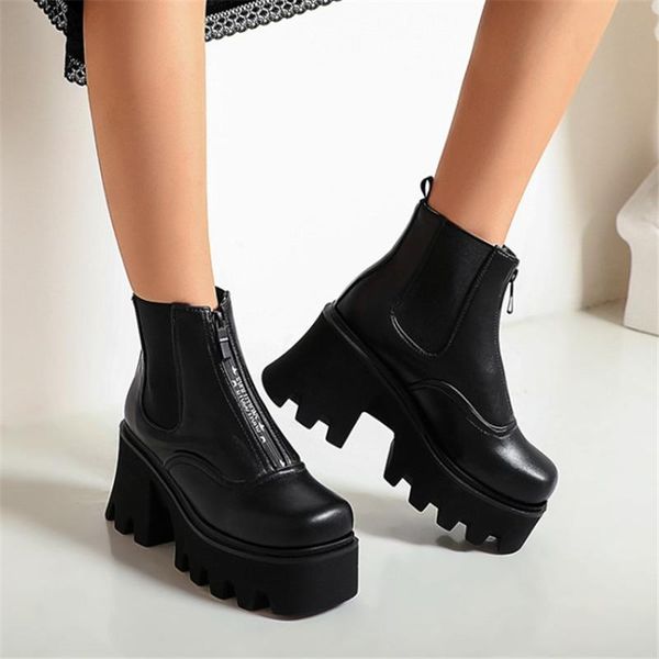 

boots pxelena front zip thick sole platform combat women chunky block high heels punk gothic rock creepers cosplay shoes 35-44, Black