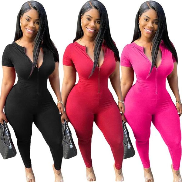 

fashion summer women street girl style jumpsuits short sleeve deep v zipper pure color tight long pants women's & rompers, Black;white