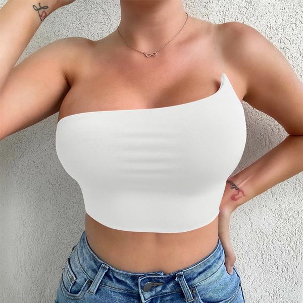 

women's tanks & camis 2021 summer women crop modern ladies single spaghetti strap elastic camisole perspective sling one shoulder t, White