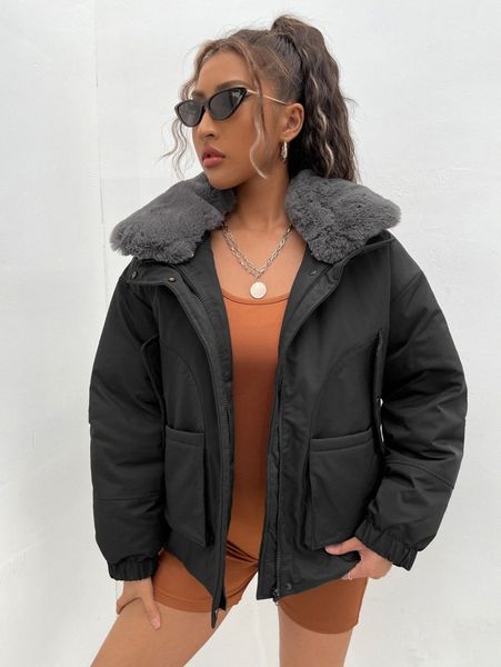 

drop shoulder borg collar dual pocket winter coat p4nk#, Black