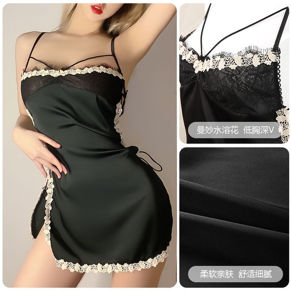 

Lingerie Guiruo V-neck Sexy Satin Stitching Lace Side High Split Strap Suspender Nightdress Set 638, White;black