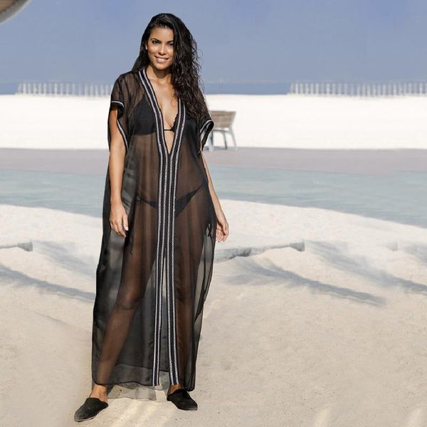 

chiffon long beach cover up women dresses robe de plage vestidos playa bikini pareos mujer beachwear #q933 women's swimwear, White;black
