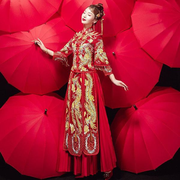 

ancient women wedding dress red phoenix embroidery floral chinese bride marriage cheongsam suit classic long qipao ethnic clothing