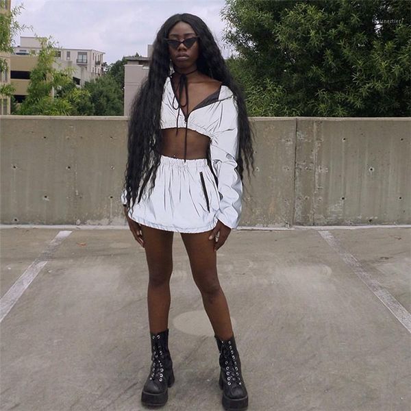 

women's jumpsuits & rompers 2pcs set women reflective tracksuit crop long sleeve hooded short skirt bodycon sport gym zipper two piece, Black;white