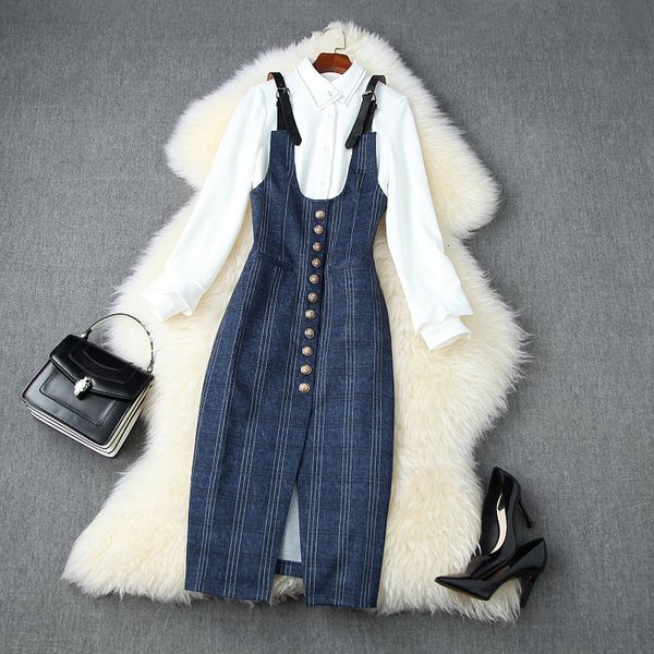 

two piece dress summer fall long sleeve lapel neck white ruffle blouse + panelled buttons suspender mid-calf 2 s set lag0411126 8jrz