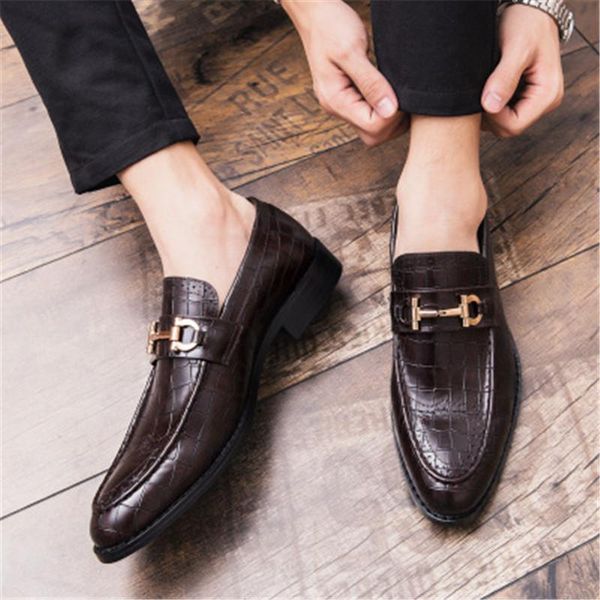 

men formal business brogue shoes men's crocodile dress shoe male casual leather wedding party loafers plus size, Black