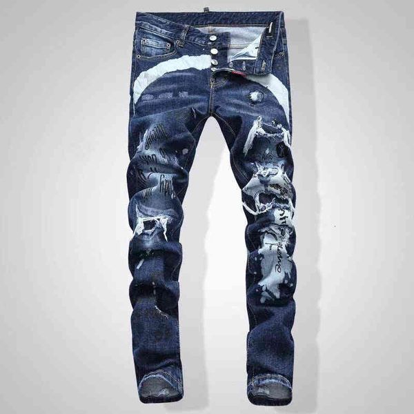 

Men's Jeans and 21 spring winter men's jeans fashion leisure atmosphere high graffiti splash printing spray paint patch hole slim, Blue