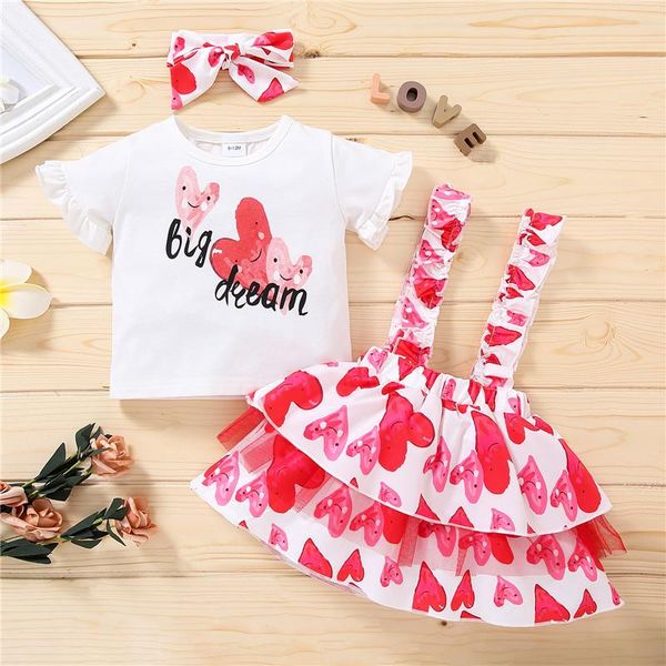

6m-3t baby girl's clothing set, heart print short sleeve t-shirt suspender skirt cute headwear 3piece suit for birthday party sets, White