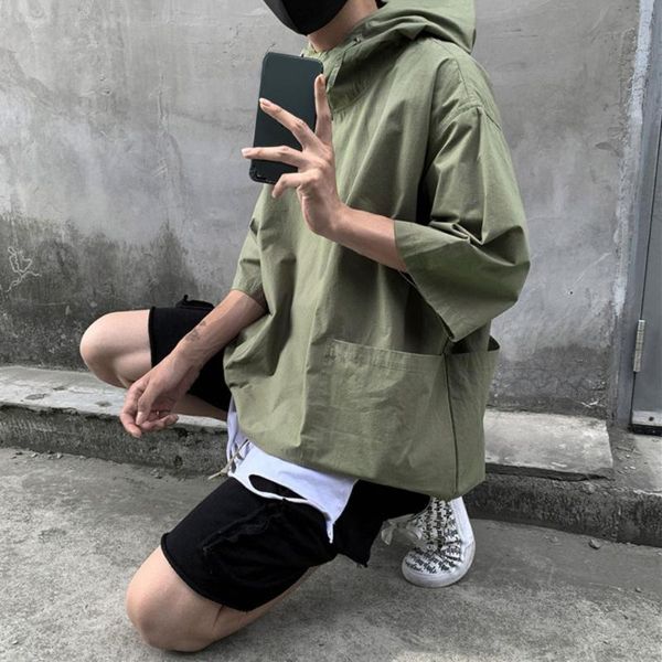 

men's casual shirts sweat-absorbing stylish hooded half sleeve pullover soft loose drawstring streetwear harajuku fashion, White;black
