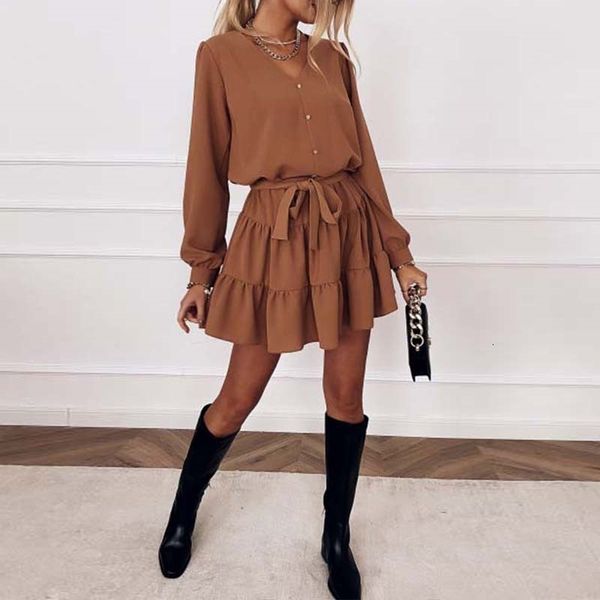 

casual dresses spring full sleeve ruffles for women v neck loose mini button female solid a line office vestidos 0u0w, Black;gray