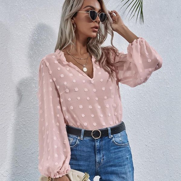 

spring pink green polka dot ruffle blouse women 2021 v collar retro shirts woman lantern long sleeve with trim women's blouses &, White