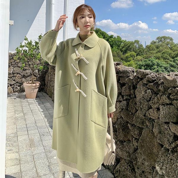 

women's wool & blends south korea dongdamen fashionable horn button hand sewn coat, Black