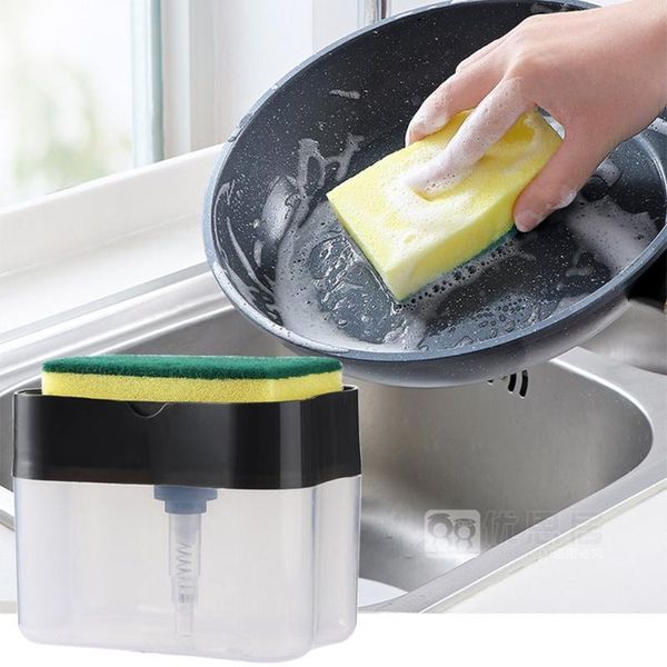 

2-in-1sponge rack soap dispenser with sponge holder liquid hand press organizer kitchen cleaner tools 13 ounces
