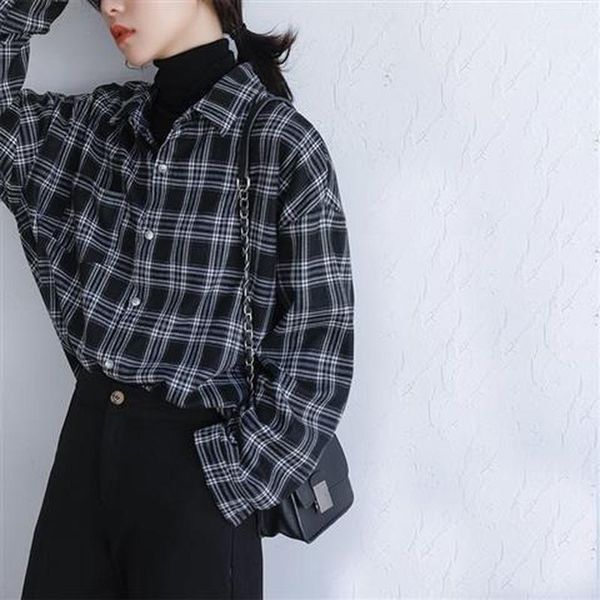 

women's blouses & shirts houzhou plaid black vintage harajuku oversize korean style chic women blouse long sleeve retro daily all-match, White