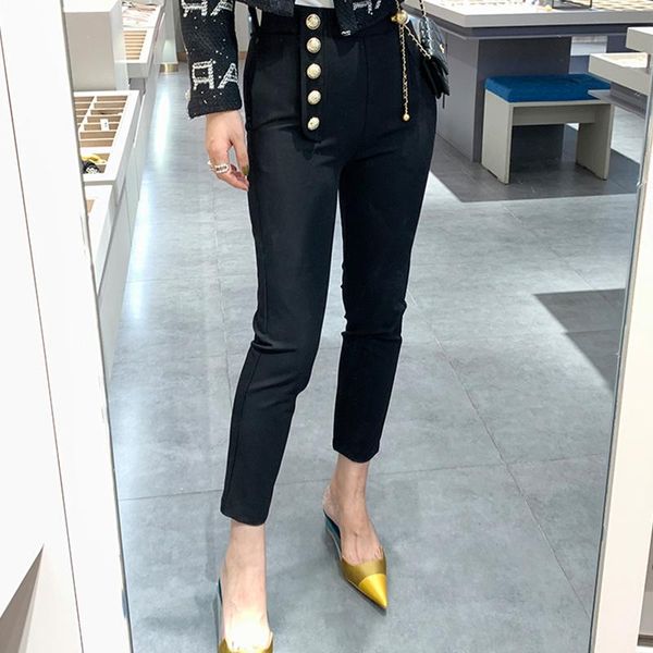 

unique classic design women skinny pencil pants gold buttons high waist quality elastic fabric solid ankle-length casual women's & capr, Black;white