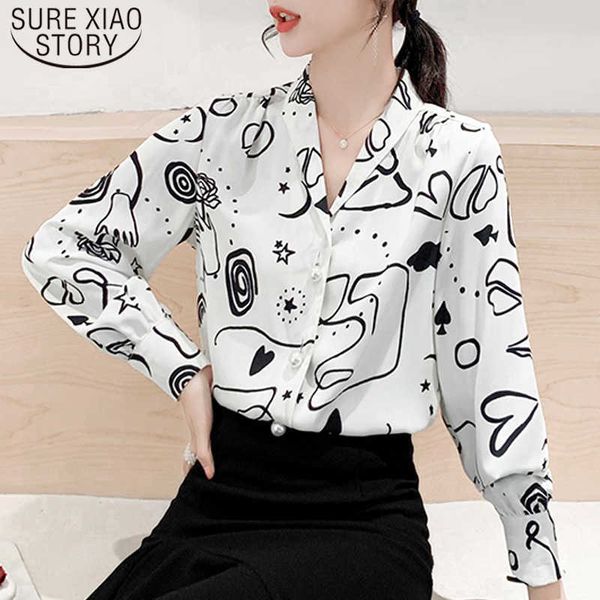 

blusas mujer de moda autumn long sleeve graffiti printed shirts button chiffon women blouses slim plus size 7042 50 210527, White