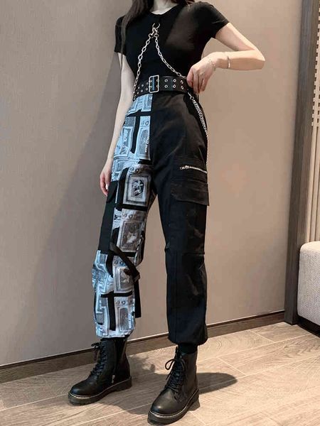 

high waist cargo pants overalls women hip-hop fashion summer trousers hip hop stitching print lady black 210510, Black;white