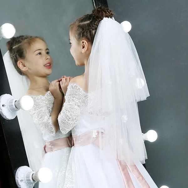 Yeni Beyaz Fildişi Çocuk Kız İlk Communion Veils Tarak Ile Tül Ile Düğün Çiçek Kız Peçe Vual Mariage Fille Çift Katmanlar X0726