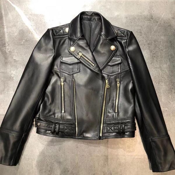 

women's leather & faux natural lambskin jacket ladies moto coat, Black