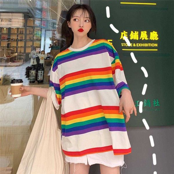 

women's t-shirt rainbow striped summer t-shirts women o-neck short sleeve casual loose shirts cotton korean pullovers vintage, White