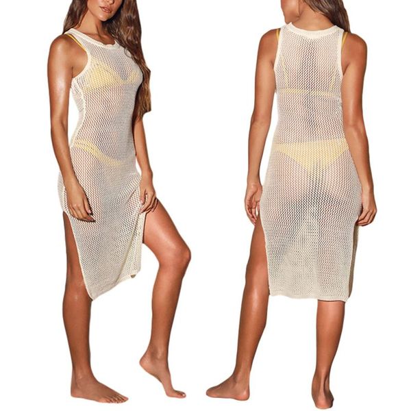 

women's swimwear women hollow out slit dress knitted bikini cover-ups solid color round collar sleeveless beach blouse short, White;black