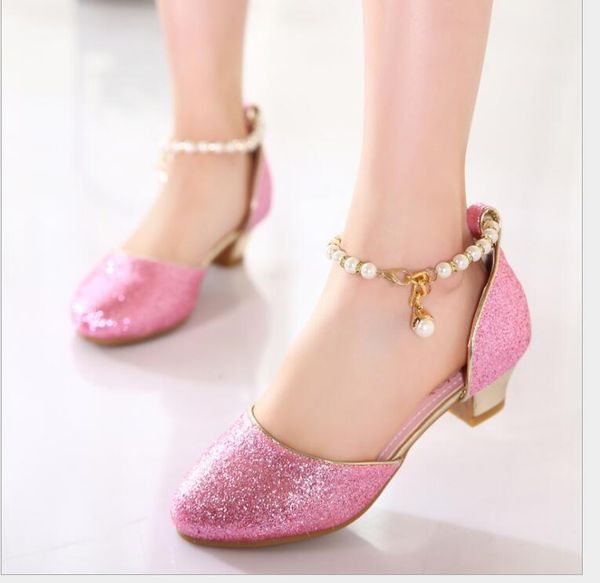 

flat shoes girls pearl leather princess kids for flower casual glitter children high heel large size, Black;grey