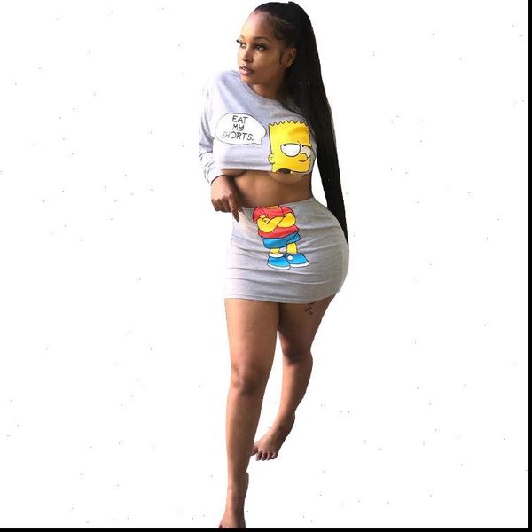 

cartoon spliced sweet 2 piece womens tracksuits set full sleeve crop and bodycon skirt two pieces ym667, Gray