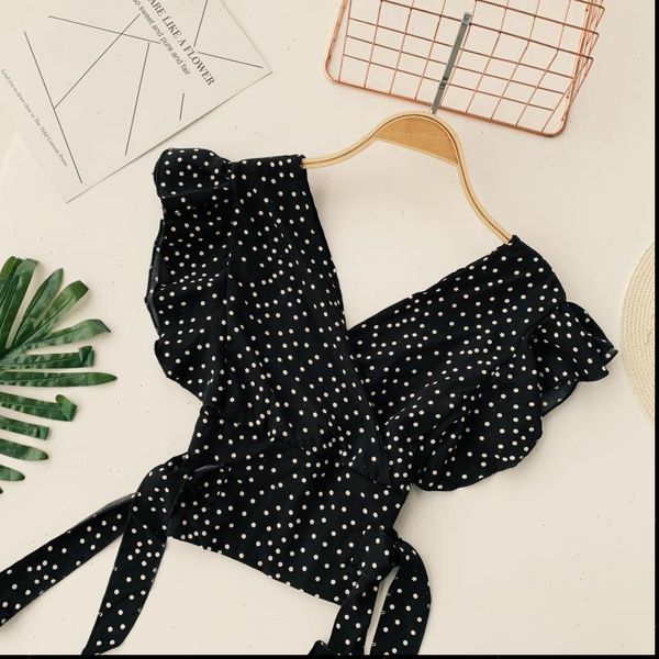 

short sleeve lace up women shirt dot print v neck ruffles chiffon, White