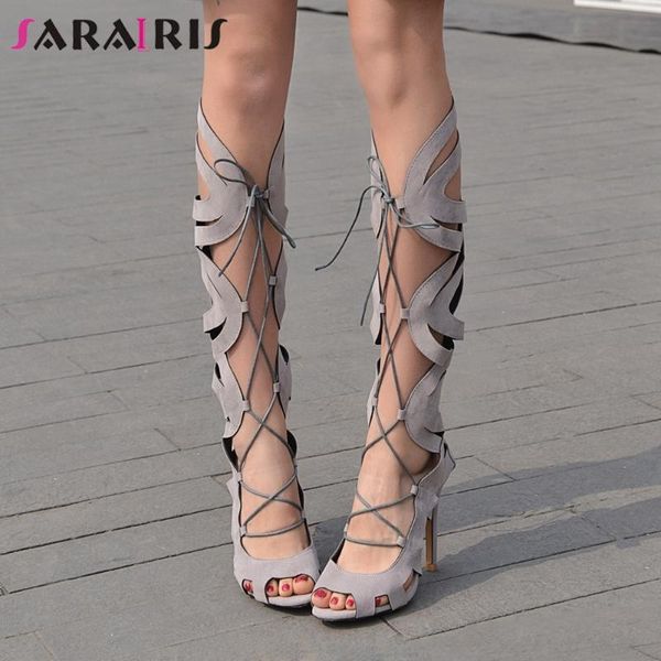

dress shoes sarairis summer cool hollow sandals party wedding knee high rome women thin heels gladiator woman, Black