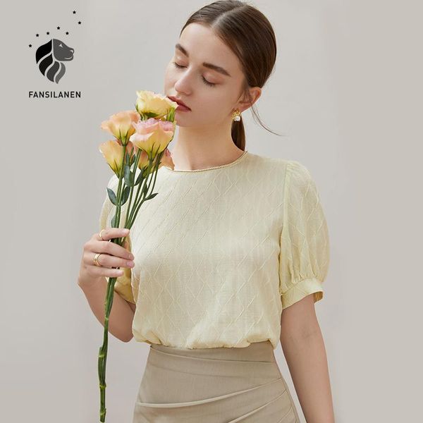 

women's blouses & shirts fansilanen office lady french yellow round neck open back chiffon shirt women 2021 summer lace pearl puff slee, White