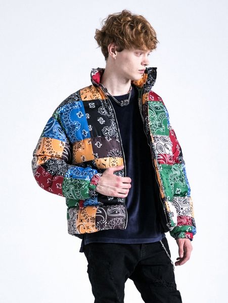 

men paisley print patchwork slant pockets puffer coat y5xm#, Black;brown