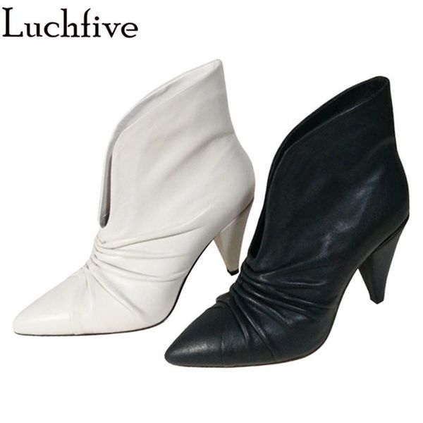 

pointy toe ankle boots women beige backle leather short boots stand collar fold designer spike heels autumn dress woman, Black