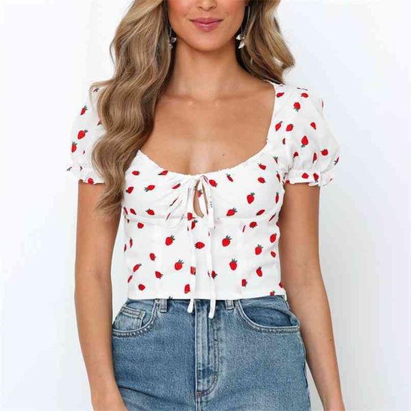 

summer women's shirt casual strawberry print bow decoration 210430, White